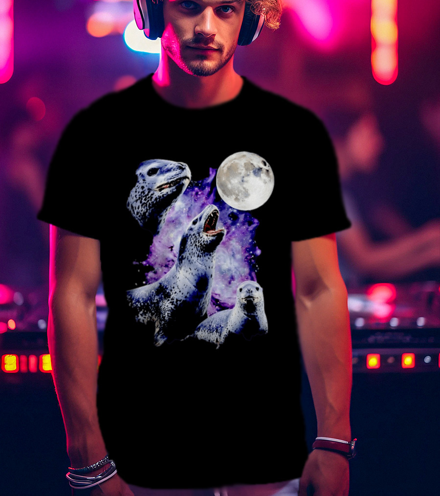 Three Leopard Seals Under Moonlight With Starry Purple Night Sky T-Shirt