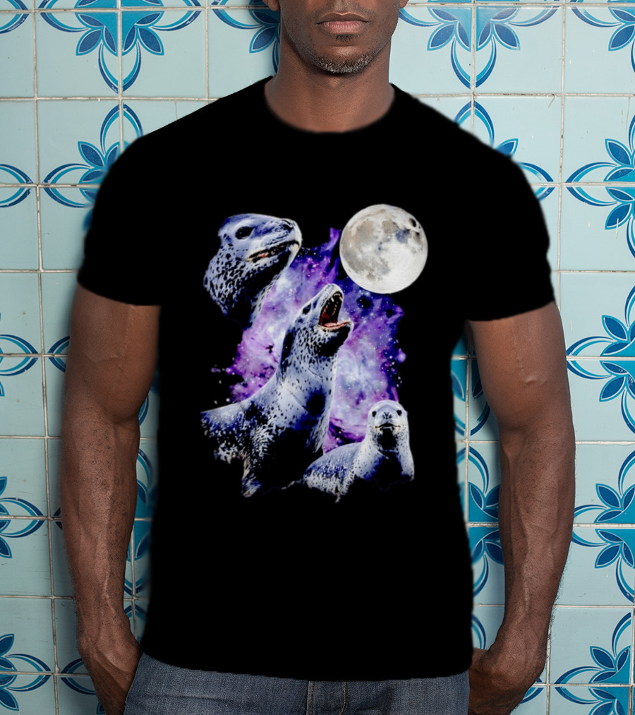 Three Leopard Seals Under Moonlight With Starry Purple Night Sky T-Shirt