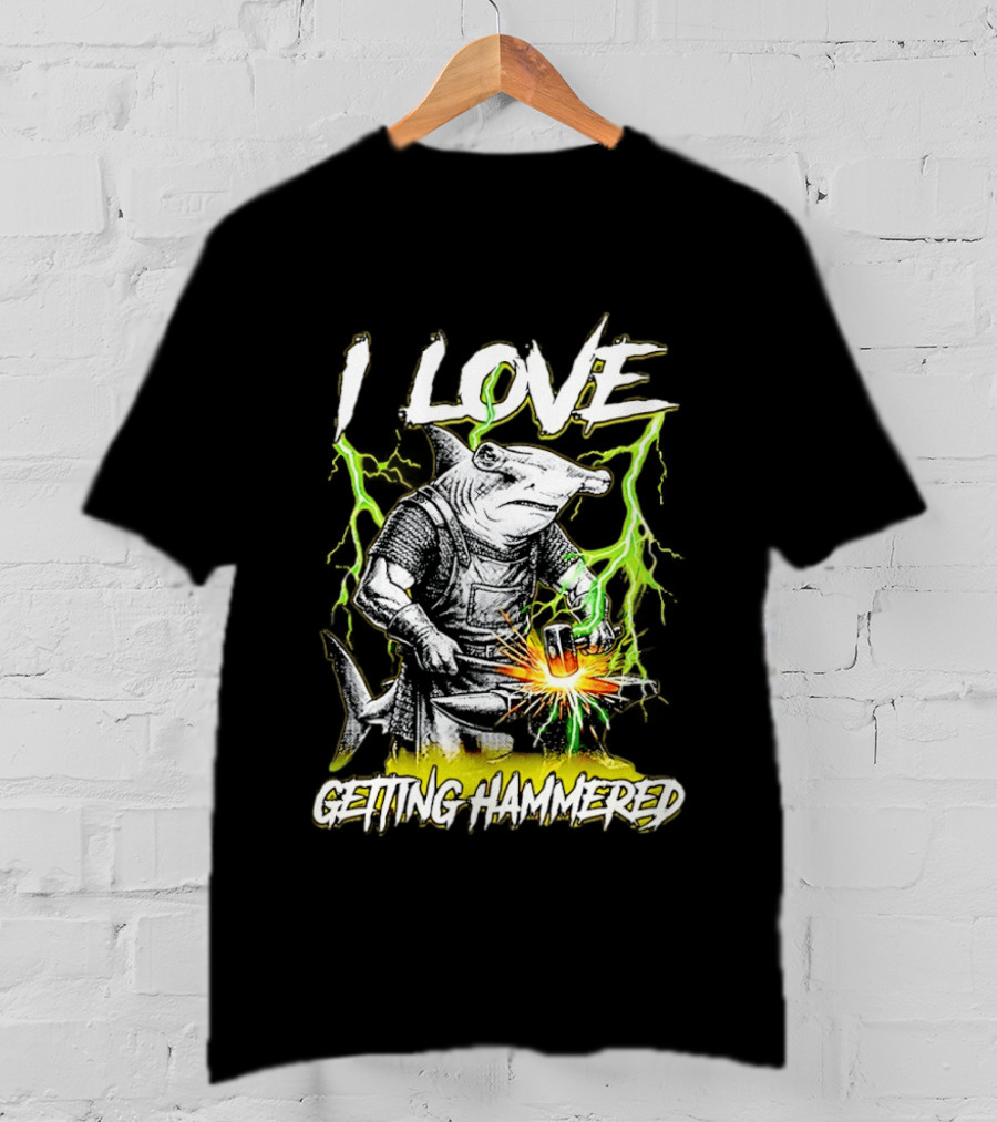 I Love Getting Hammered Hammerhead Shark Lightning Blacksmith Hammering T-Shirt