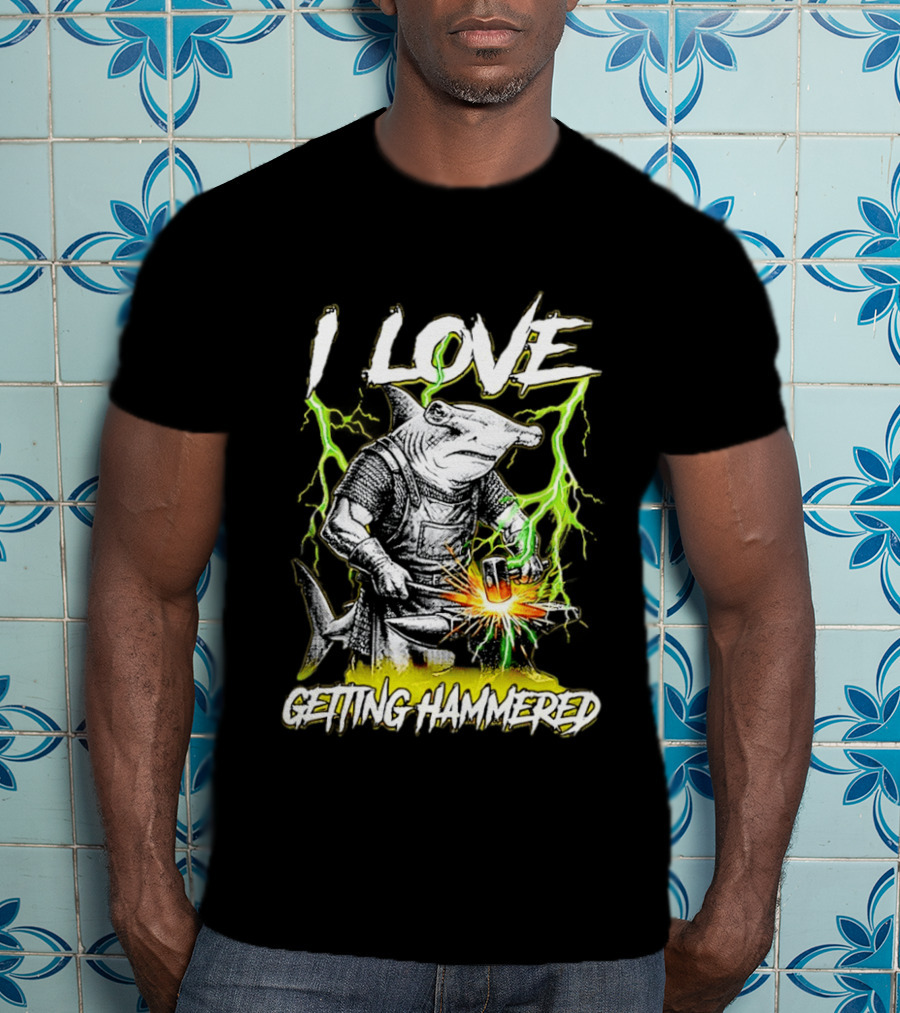 I Love Getting Hammered Hammerhead Shark Lightning Blacksmith Hammering T-Shirt