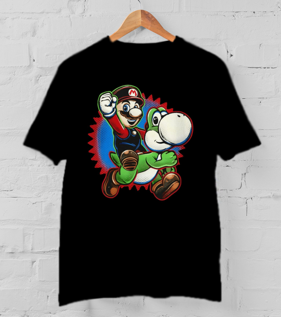 Mario And Yoshi Ride The Green Dino Classic Cartoon Adventure T-Shirt