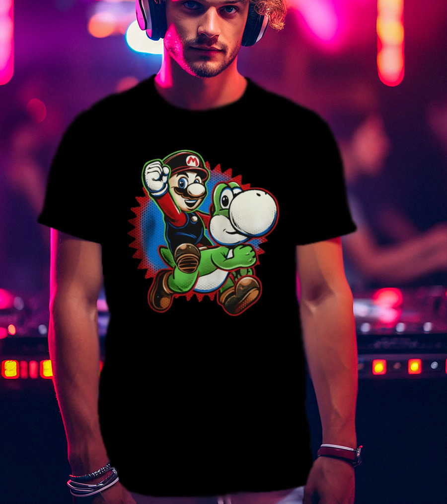 Mario And Yoshi Ride The Green Dino Classic Cartoon Adventure T-Shirt