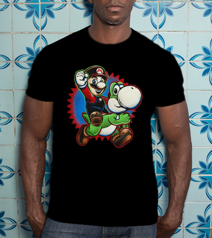 Mario And Yoshi Ride The Green Dino Classic Cartoon Adventure T-Shirt