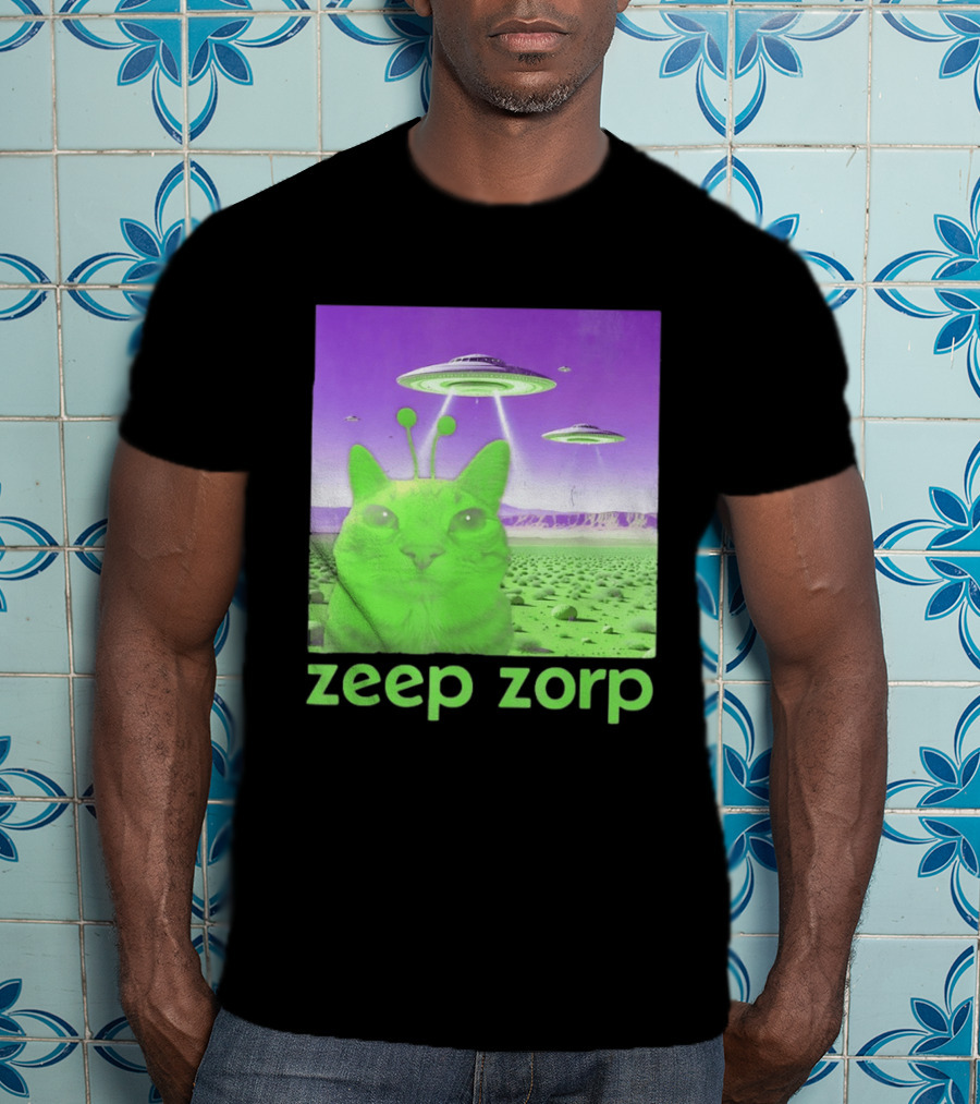 Zeep Zorp Green Cat Alien With UFOs In Space Desert Scenery T-Shirt