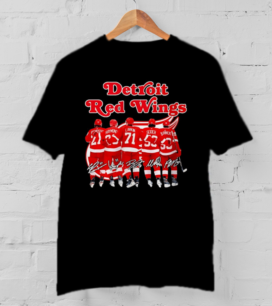 Detroit Red Wings Players Rasmussen Raymond Larkin Seider Branncat Celebrating Victory NHL 2026 Signatures T-Shirt