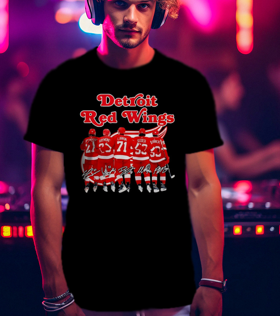 Detroit Red Wings Players Rasmussen Raymond Larkin Seider Branncat Celebrating Victory NHL 2026 Signatures T-Shirt