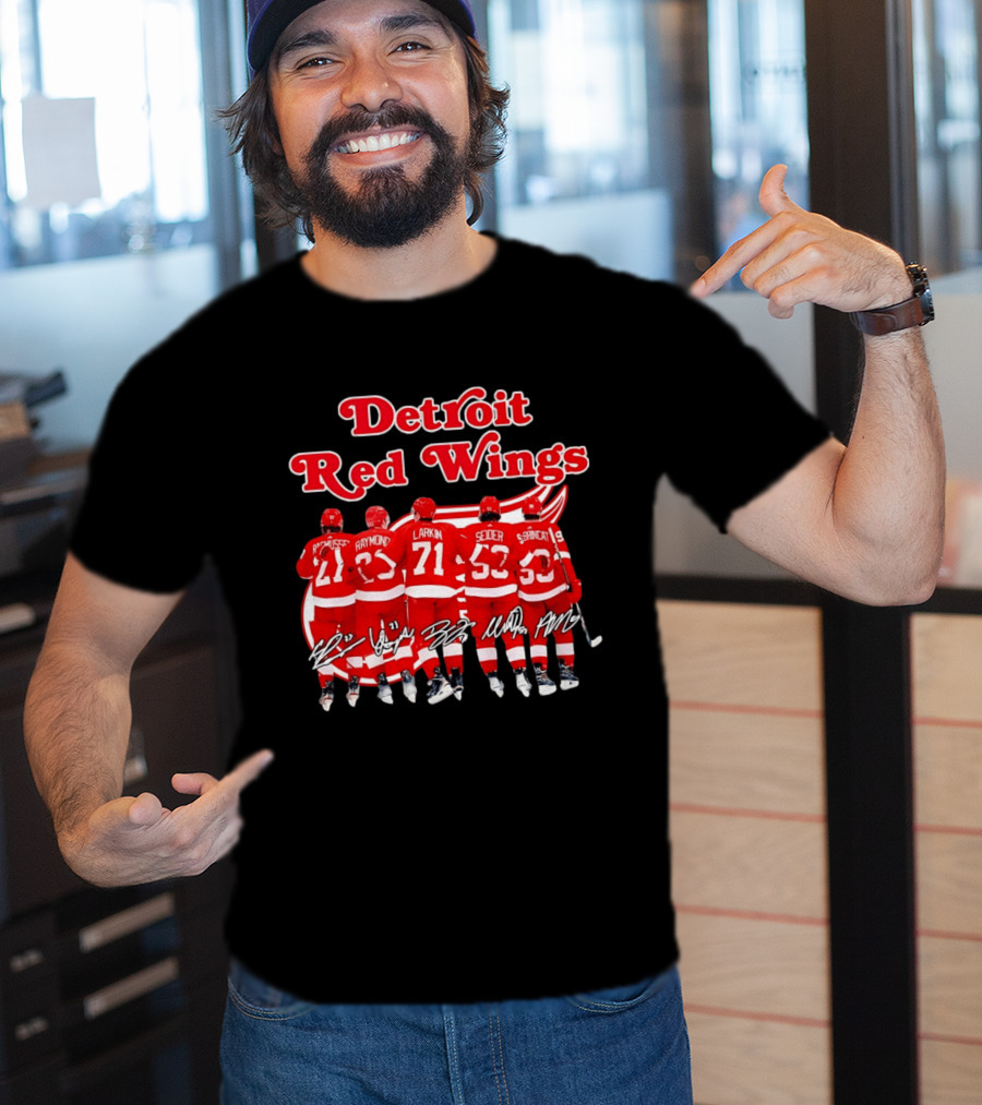 Detroit Red Wings Players Rasmussen Raymond Larkin Seider Branncat Celebrating Victory NHL 2026 Signatures T-Shirt
