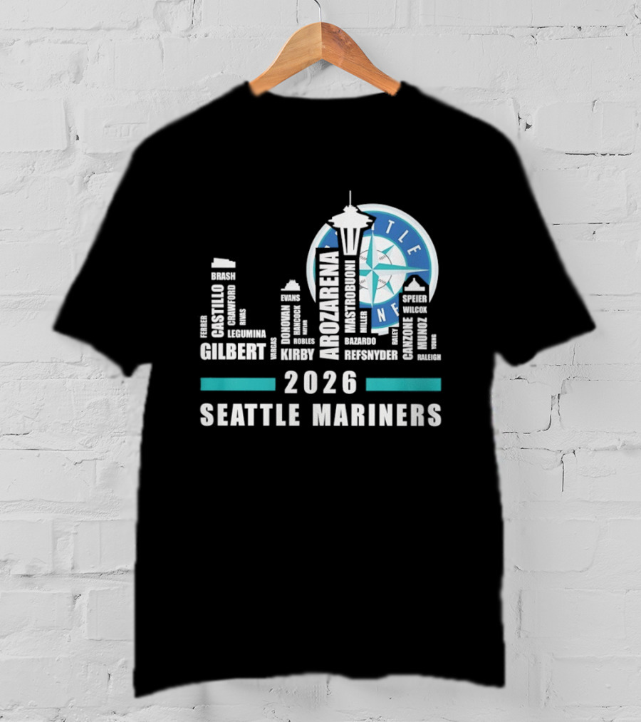 2026 Seattle Mariners City Connect Skyline With Player Names And Space Needle T-Shirt