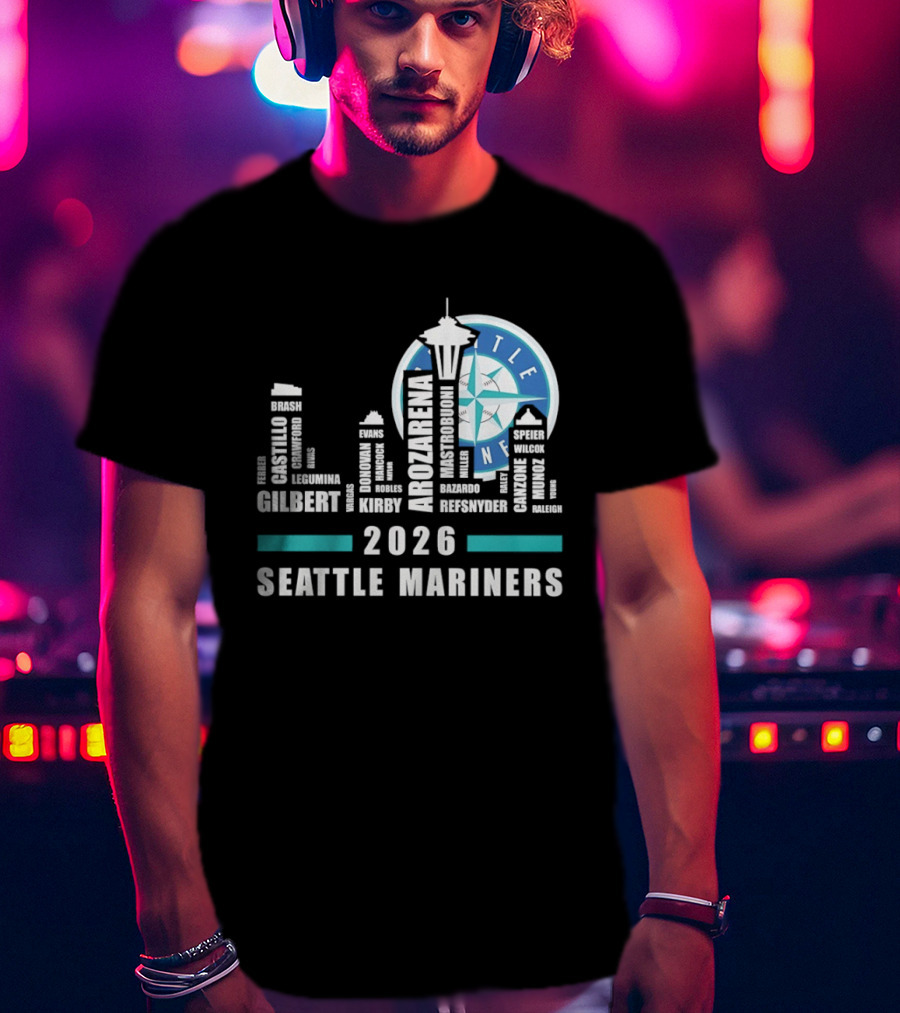 2026 Seattle Mariners City Connect Skyline With Player Names And Space Needle T-Shirt