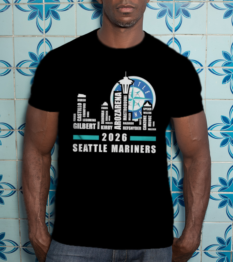 2026 Seattle Mariners City Connect Skyline With Player Names And Space Needle T-Shirt