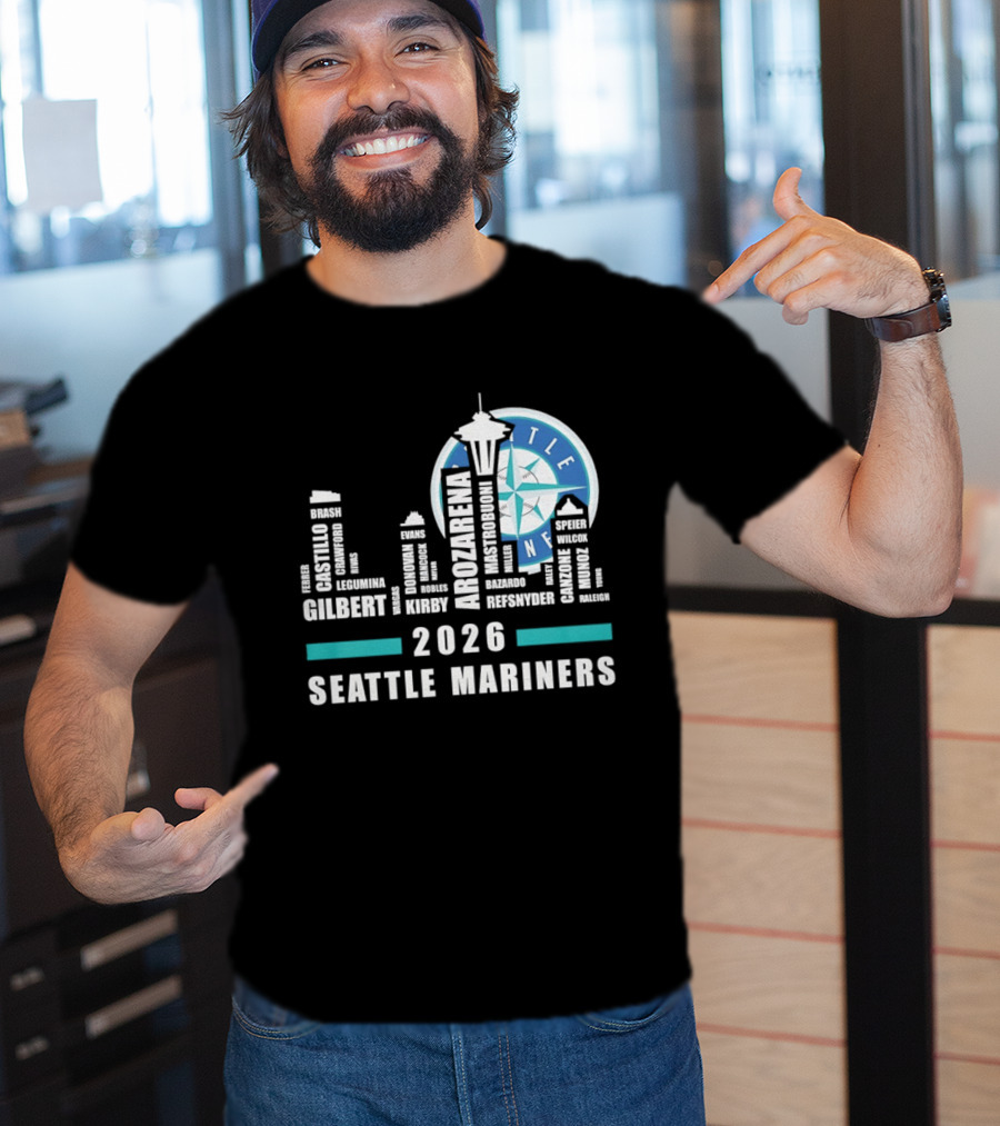 2026 Seattle Mariners City Connect Skyline With Player Names And Space Needle T-Shirt
