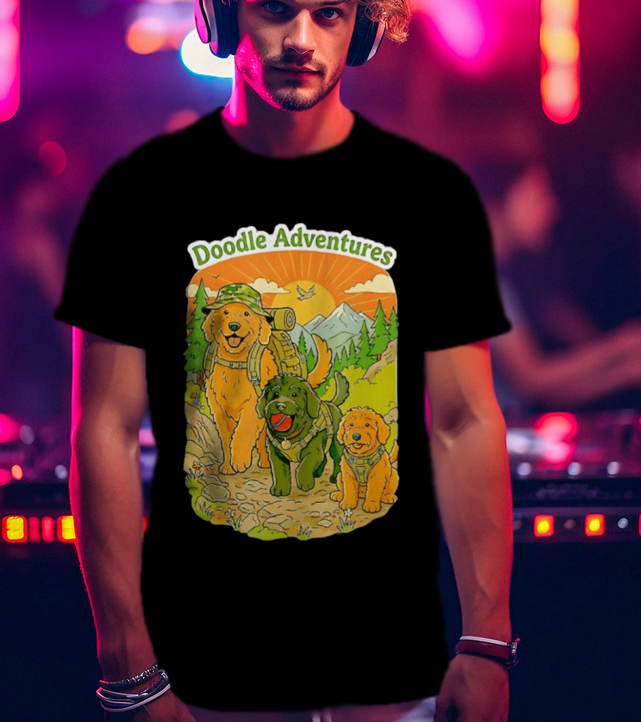 Doodle Adventures Three Dogs Picnic Adventure Sunset T-Shirt