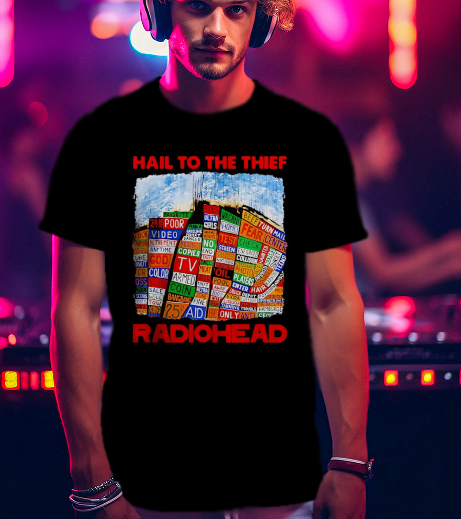 Radiohead Hail To The Thief Album Cover Colorful Text Collage 24HR TV 25 Aid T-Shirt