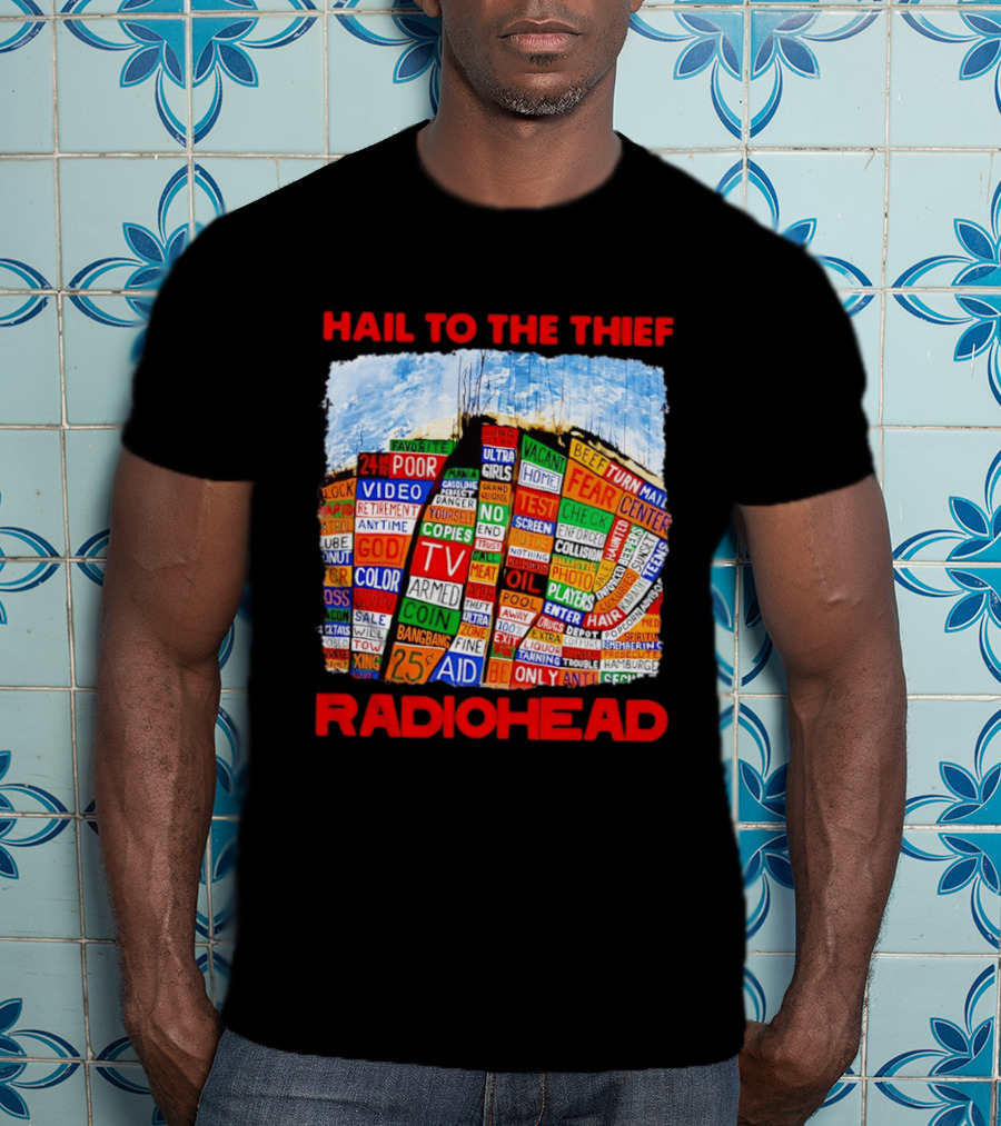 Radiohead Hail To The Thief Album Cover Colorful Text Collage 24HR TV 25 Aid T-Shirt