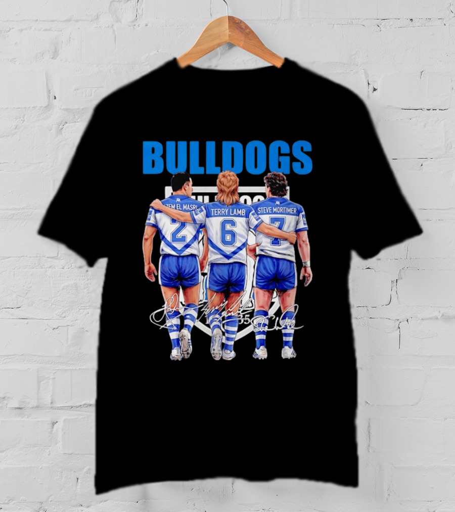 Hazem El Masri Terry Lamb Steve Mortimer Canterbury Bankstown Bulldogs Legends Signatures T-Shirt