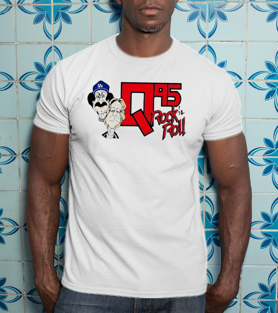 Q95 Rock 'n Roll Characters Wearing LA Dodgers Hat T-Shirt