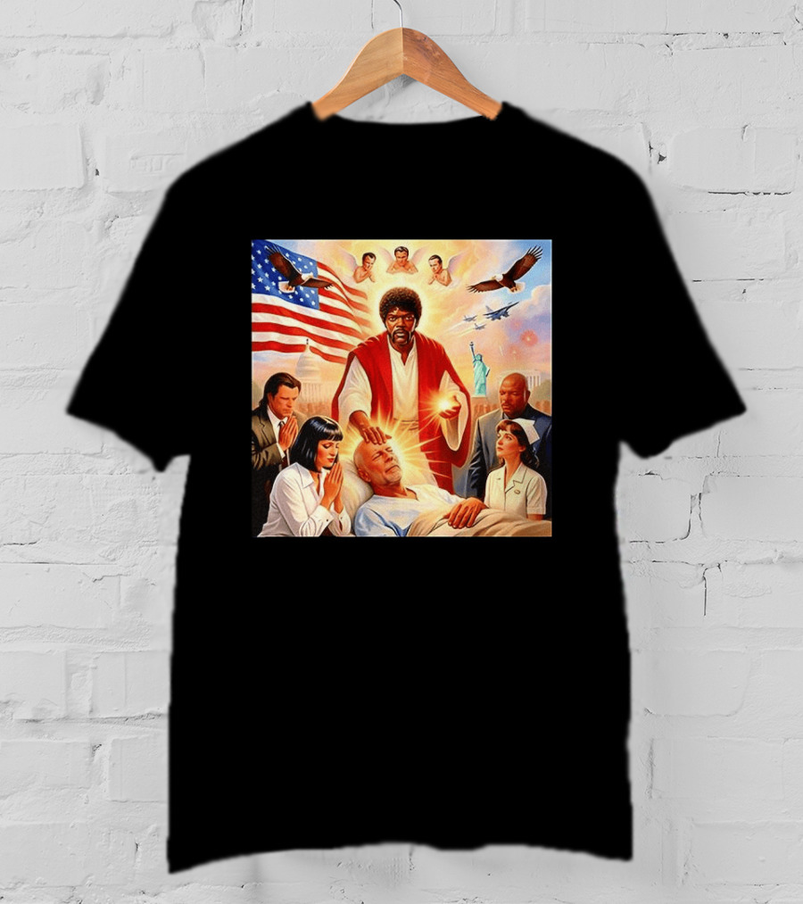 Samuel L. Jackson Exorcism Scene With Bruce Willis And US Patriotic Elements Meme T-Shirt