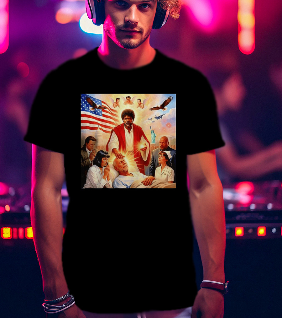 Samuel L. Jackson Exorcism Scene With Bruce Willis And US Patriotic Elements Meme T-Shirt