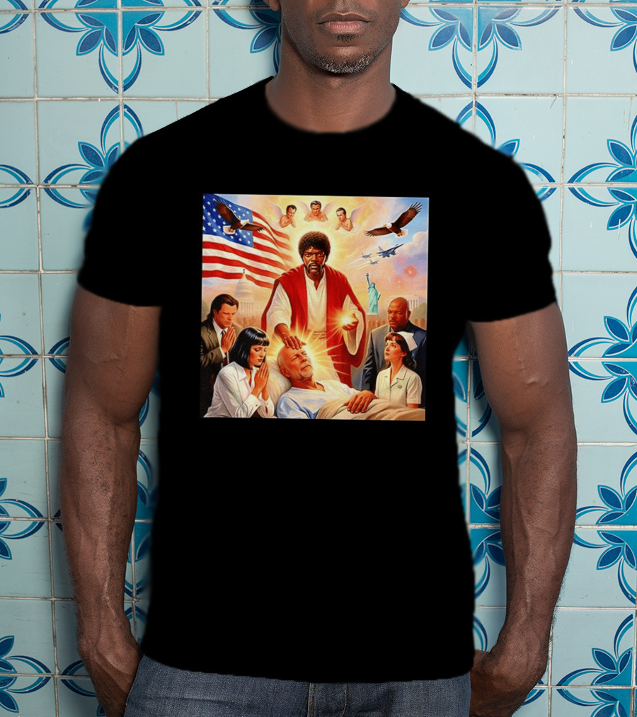 Samuel L. Jackson Exorcism Scene With Bruce Willis And US Patriotic Elements Meme T-Shirt