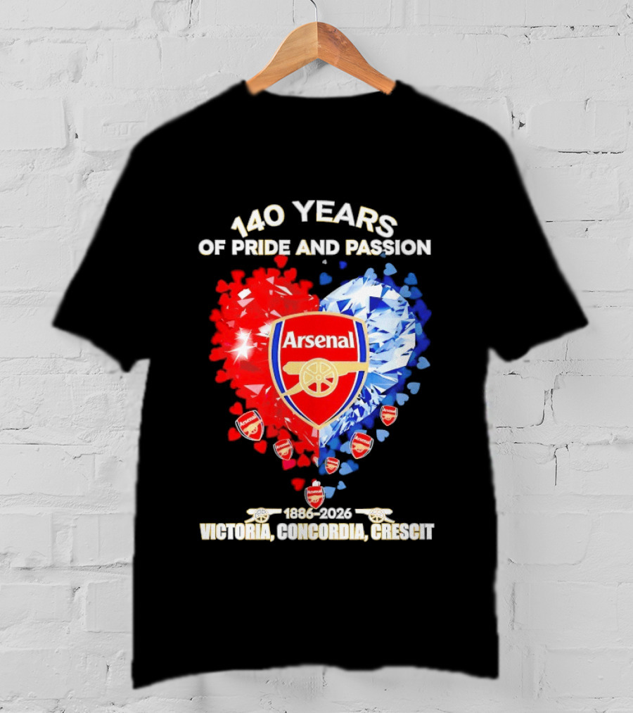 Arsenal 140 Years Of Pride And Passion Victoria Concordia Crescit 1886 2026 Heart Badge Crest T-Shirt