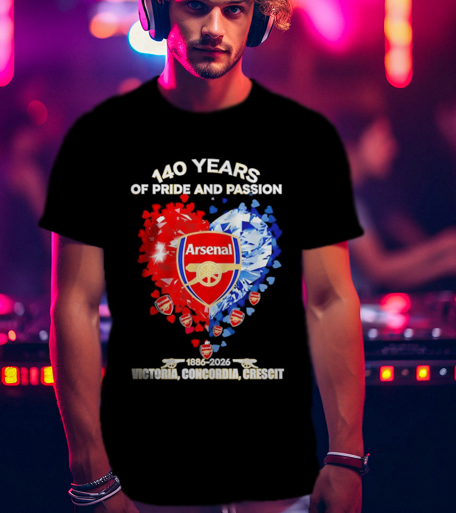 Arsenal 140 Years Of Pride And Passion Victoria Concordia Crescit 1886 2026 Heart Badge Crest T-Shirt