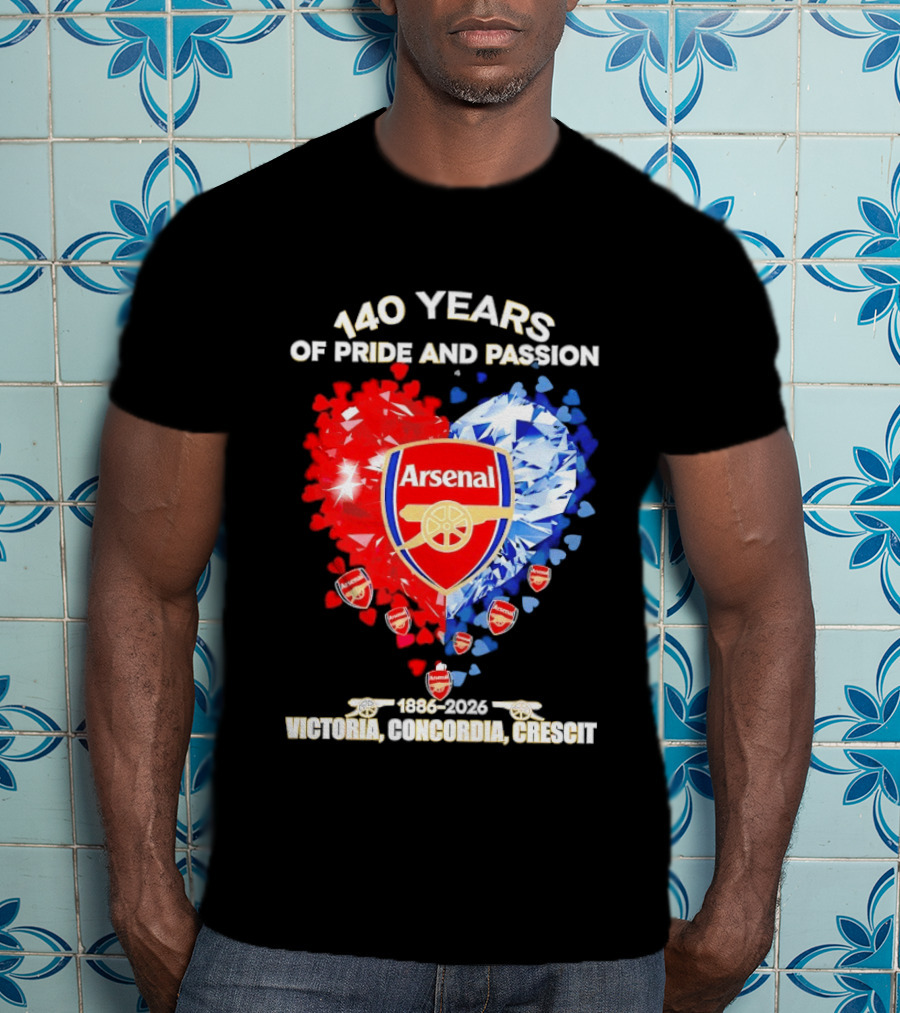 Arsenal 140 Years Of Pride And Passion Victoria Concordia Crescit 1886 2026 Heart Badge Crest T-Shirt
