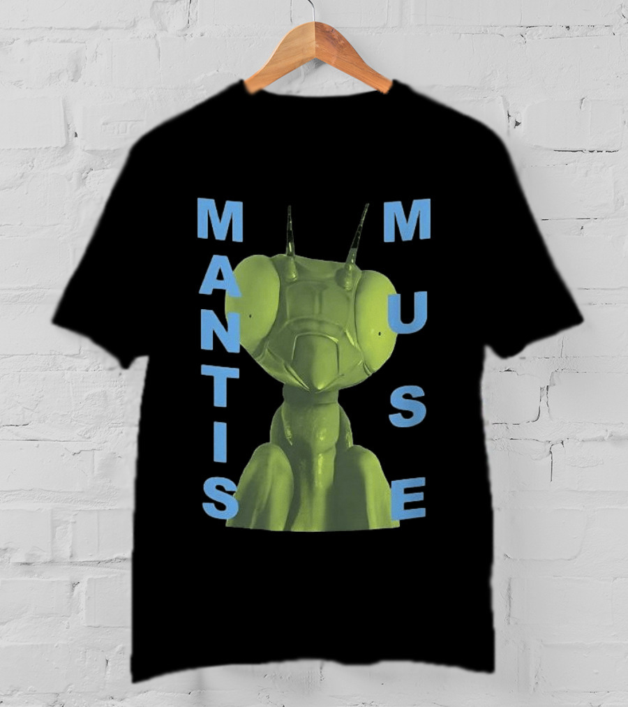 David Shrigley Mantis Muse Green Illustration With Blue T-Shirt