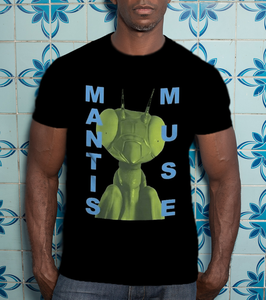 David Shrigley Mantis Muse Green Illustration With Blue T-Shirt