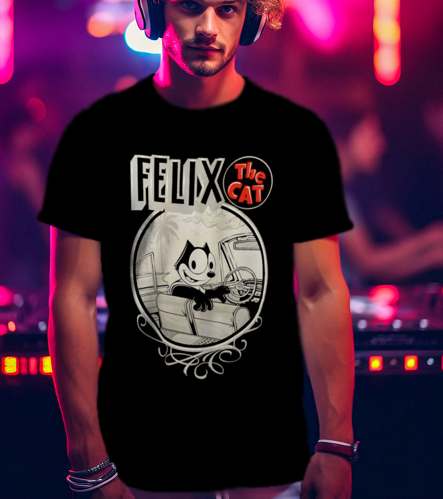 Felix The Cat Driving Car By Mister Cartoon With Palm Tree T-Shirt