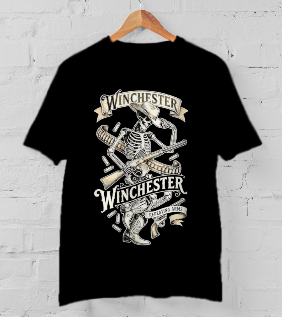 Winchester Repeating Arms Cowboy Skeleton With Rifle And Bullets T-Shirt