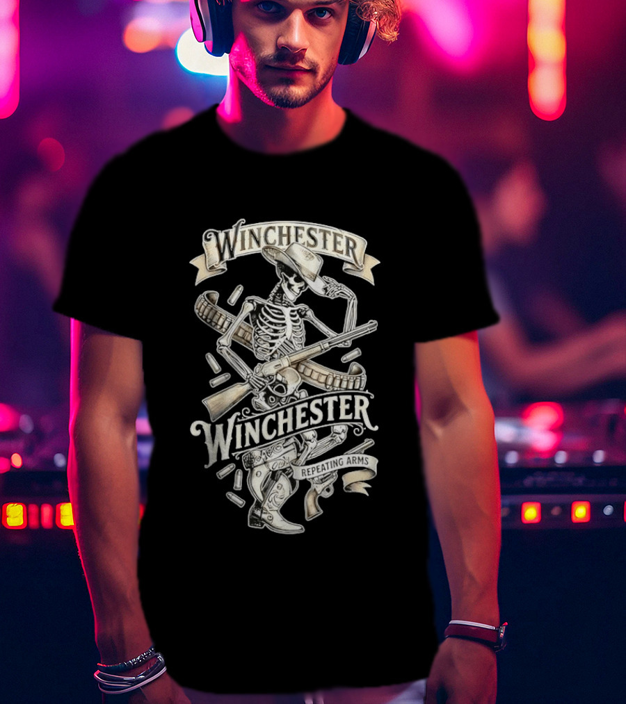 Winchester Repeating Arms Cowboy Skeleton With Rifle And Bullets T-Shirt