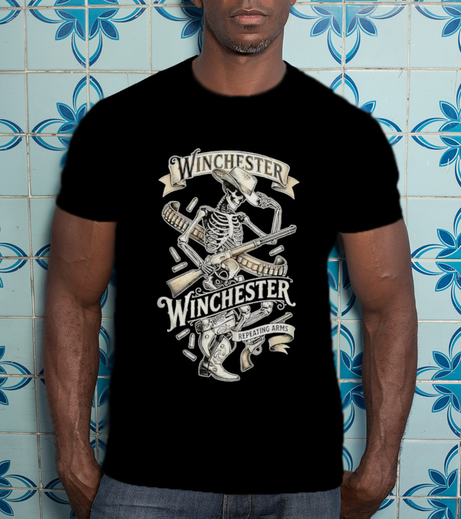 Winchester Repeating Arms Cowboy Skeleton With Rifle And Bullets T-Shirt