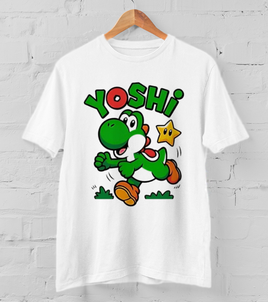 Yoshi Super Mario Green Dinosaur Running With Star T-Shirt
