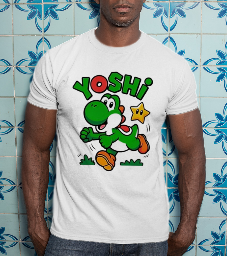 Yoshi Super Mario Green Dinosaur Running With Star T-Shirt
