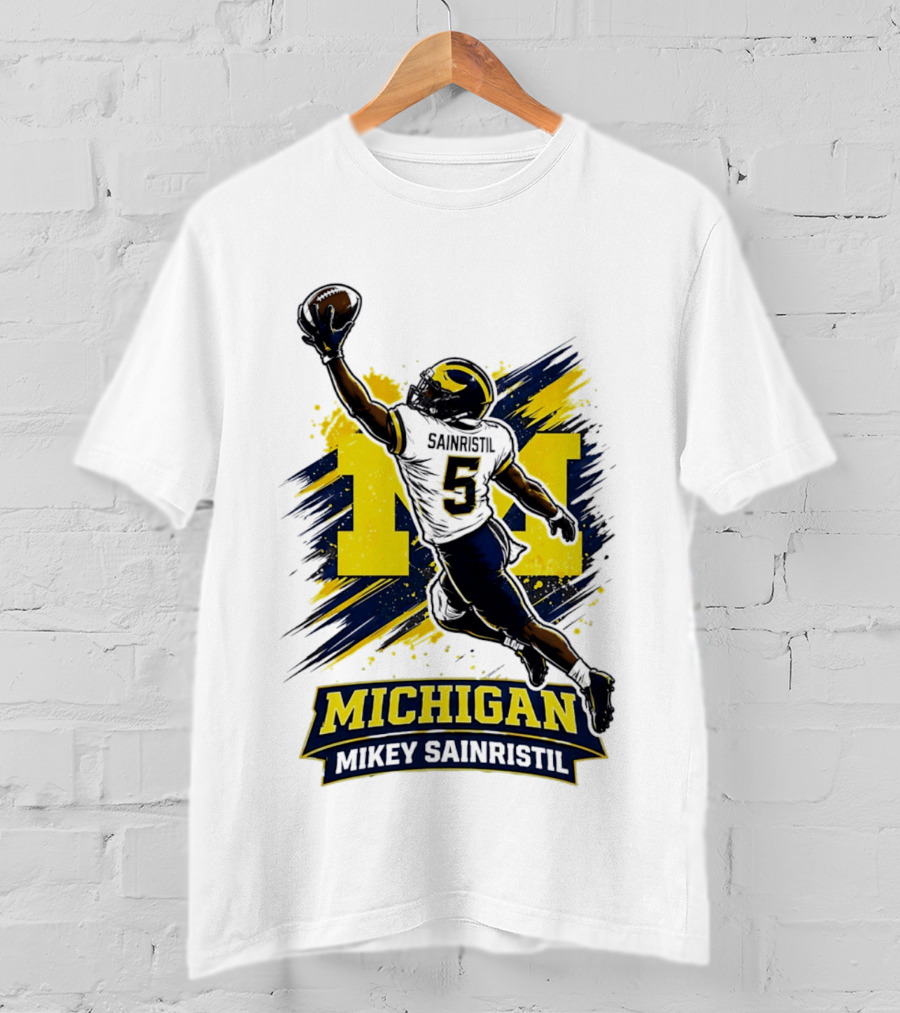 Michigan Mikey Sainristil Catching Football Wolverines Player T-Shirt
