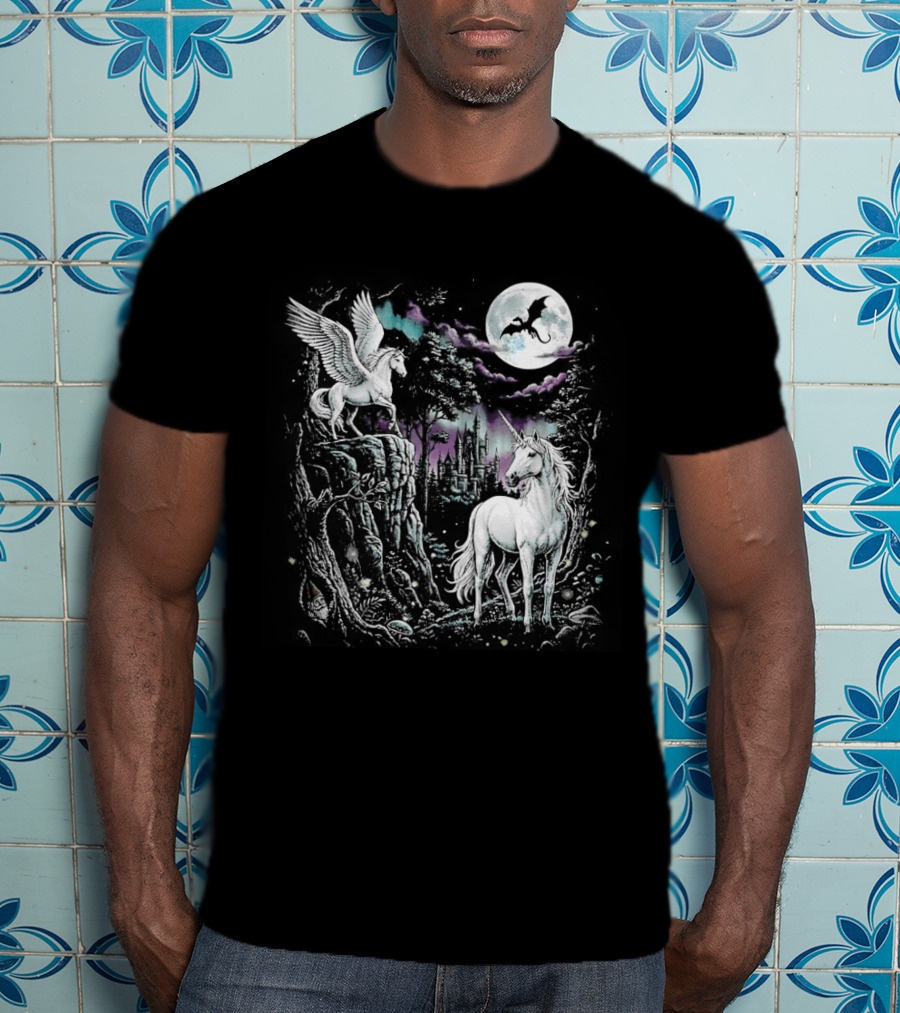 Fantasy Unicorn Neon Galaxy Moonlight Enchantment T-Shirt