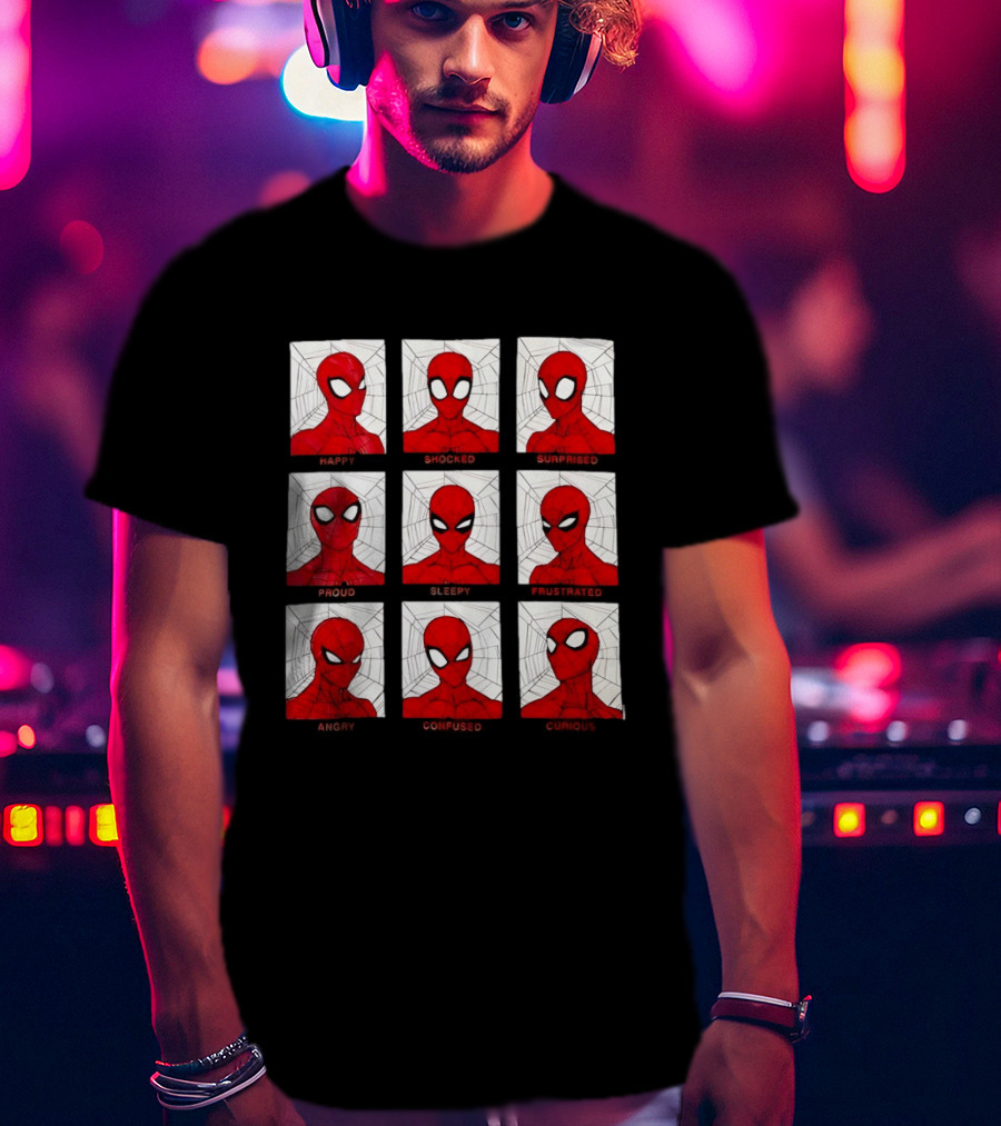 Spider Man Emotional States Happy Shocked Surprised Proud Sleepy Frustrated Angry Confused Curious T-Shirt