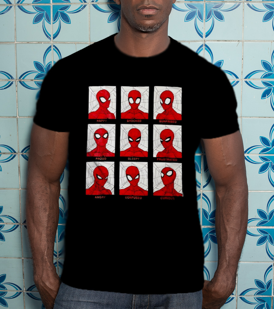 Spider Man Emotional States Happy Shocked Surprised Proud Sleepy Frustrated Angry Confused Curious T-Shirt