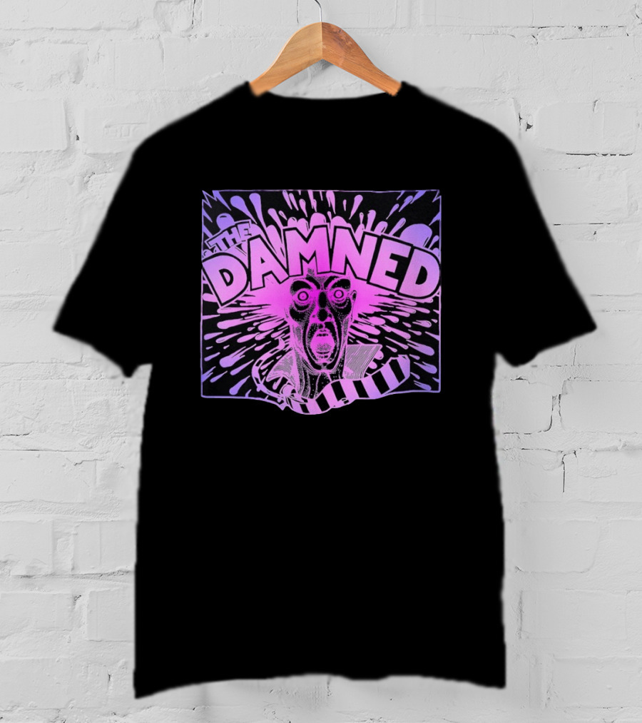 THE DAMNED Horror Face Neon Splatter Purple Black T-Shirt