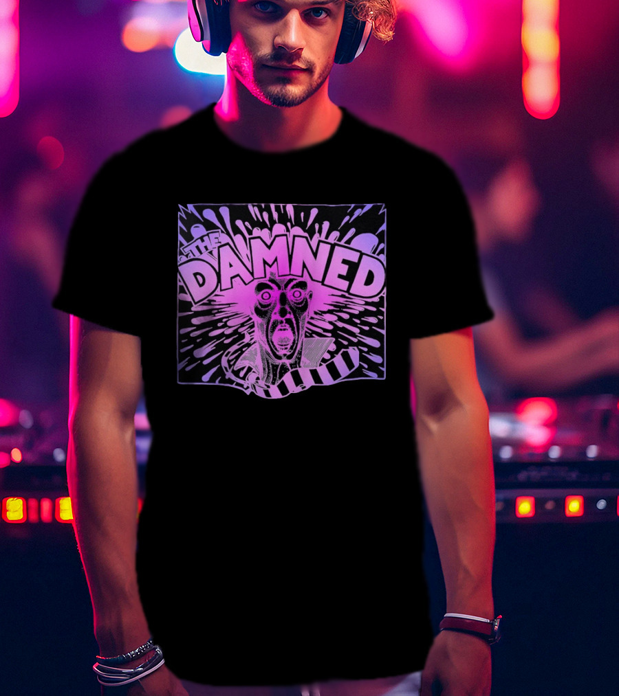THE DAMNED Horror Face Neon Splatter Purple Black T-Shirt