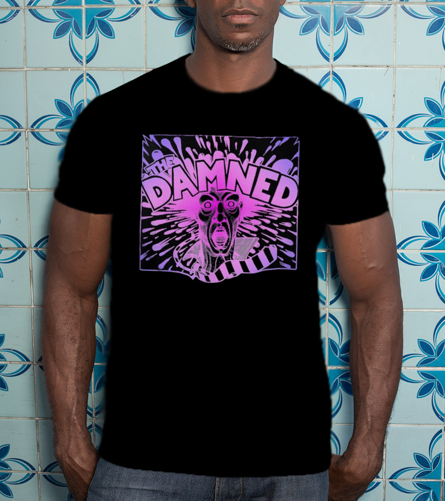 THE DAMNED Horror Face Neon Splatter Purple Black T-Shirt