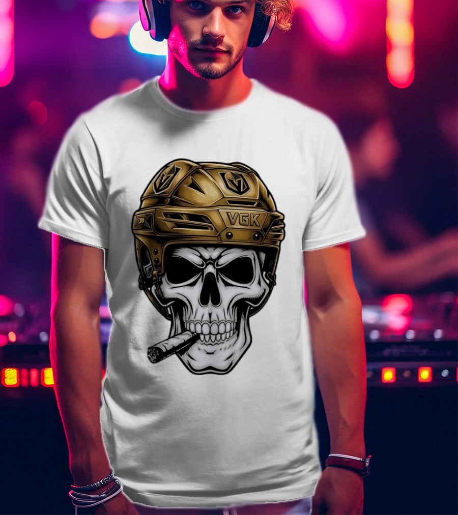 VGK Skull Helmet Vegas Golden Knights Smoking Cigar T-Shirt