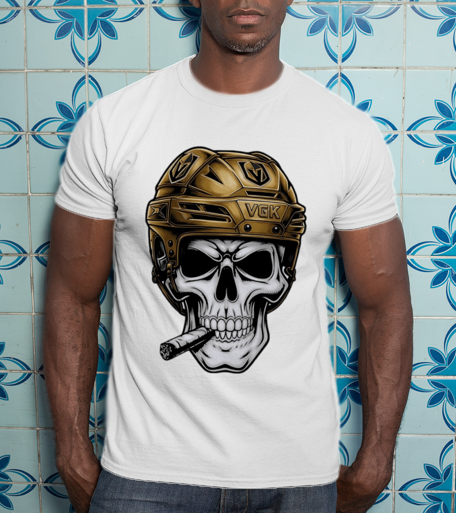 VGK Skull Helmet Vegas Golden Knights Smoking Cigar T-Shirt