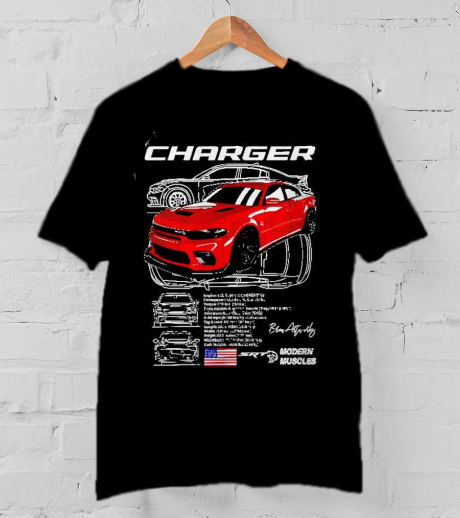Dodge Charger Hellcat Red Modern Muscles Blueprint USA Flag T-Shirt