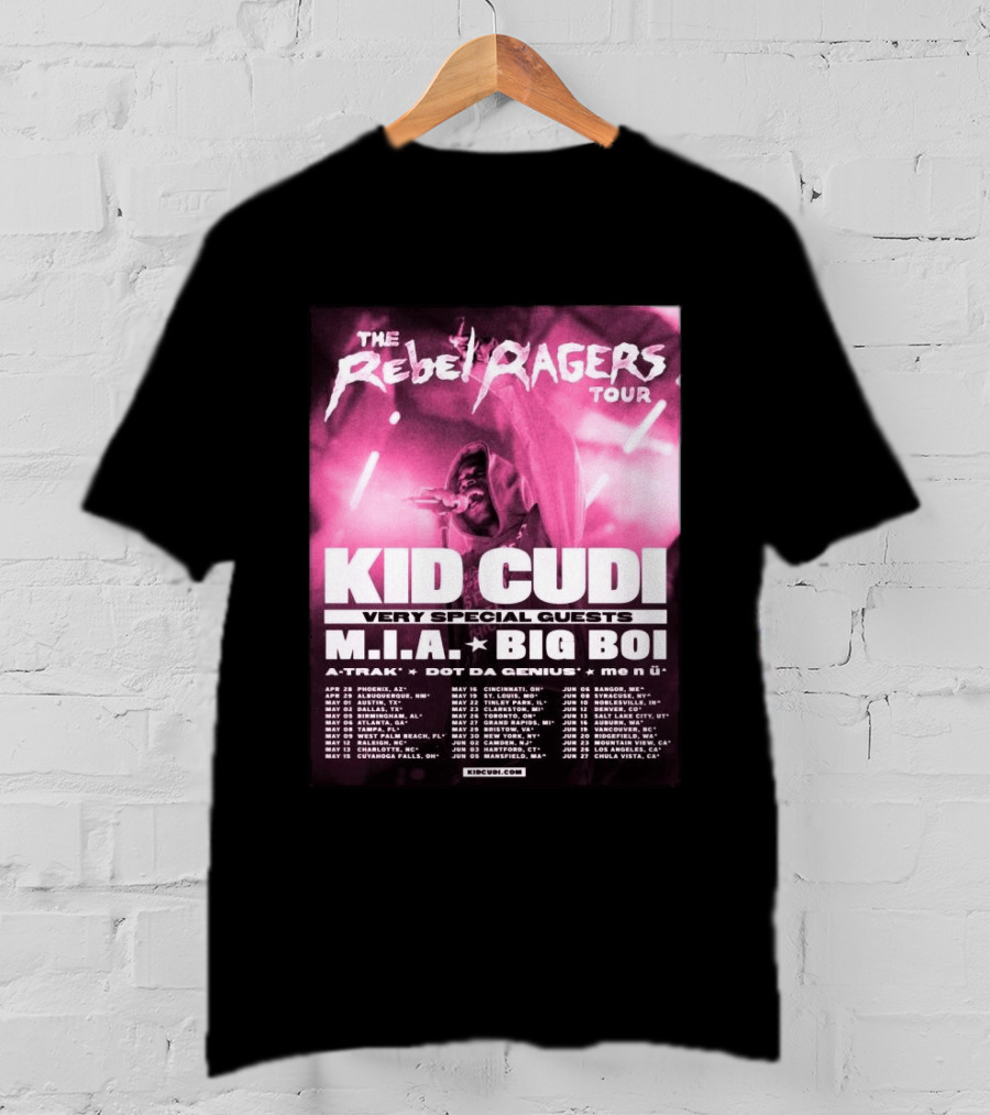 The Rebel Ragers Tour Kid Cudi 2026 Featuring M.I.A. Big Boi A Trak Dot Da Genius Tour Dates T-Shirt