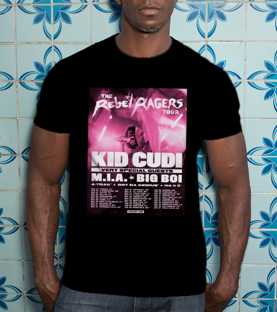 The Rebel Ragers Tour Kid Cudi 2026 Featuring M.I.A. Big Boi A Trak Dot Da Genius Tour Dates T-Shirt