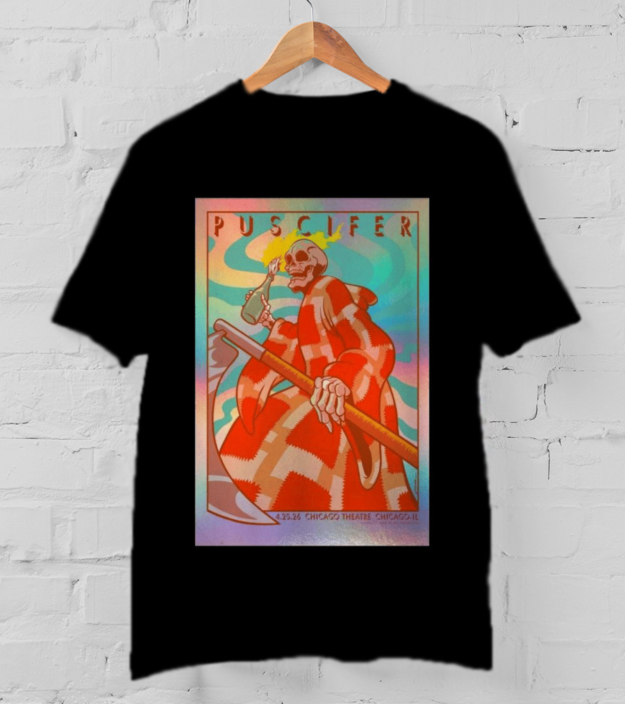 Puscifer 4.25.26 Chicago Theatre IL Skeleton Robe Checkerboard Psychedelic T-Shirt