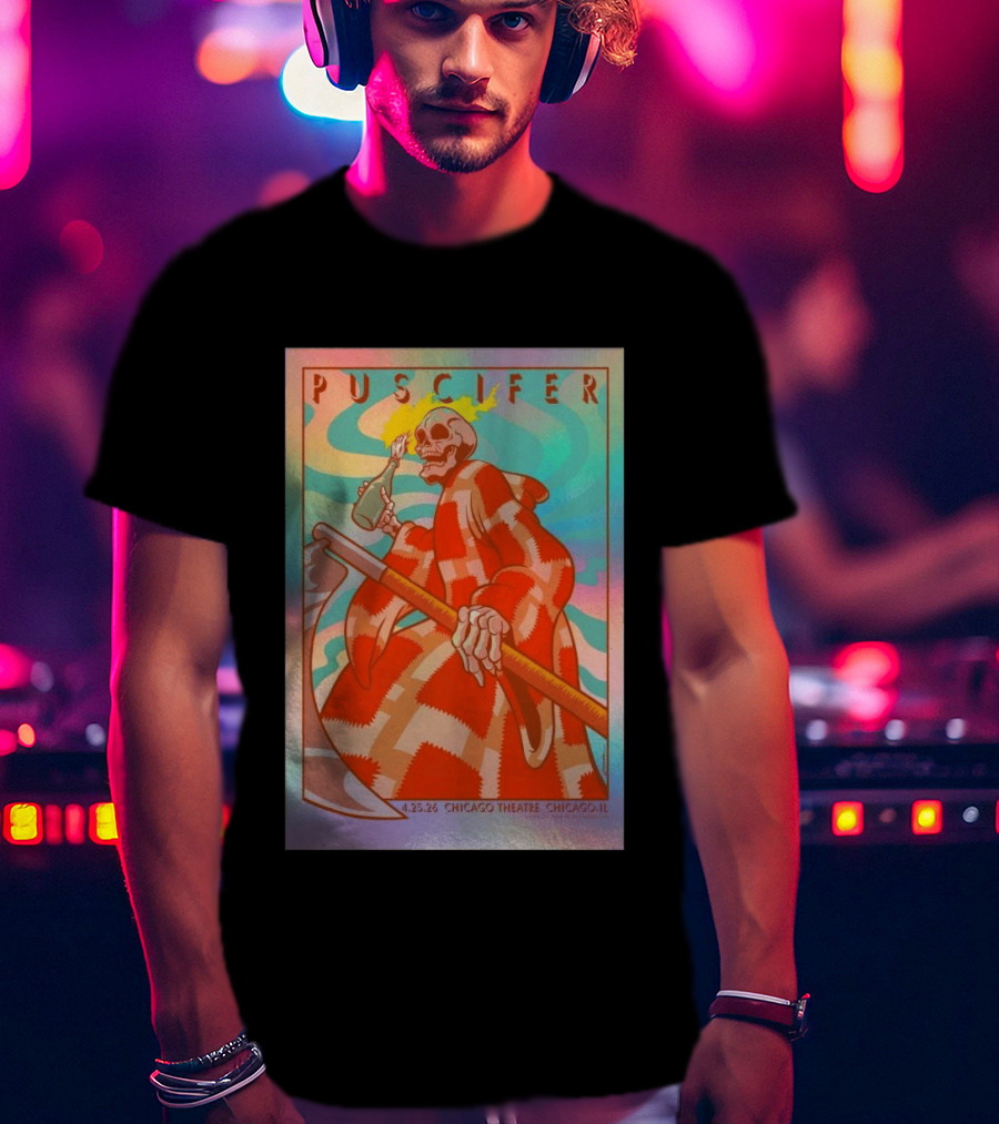 Puscifer 4.25.26 Chicago Theatre IL Skeleton Robe Checkerboard Psychedelic T-Shirt