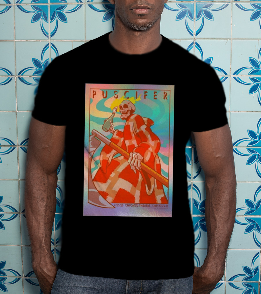 Puscifer 4.25.26 Chicago Theatre IL Skeleton Robe Checkerboard Psychedelic T-Shirt
