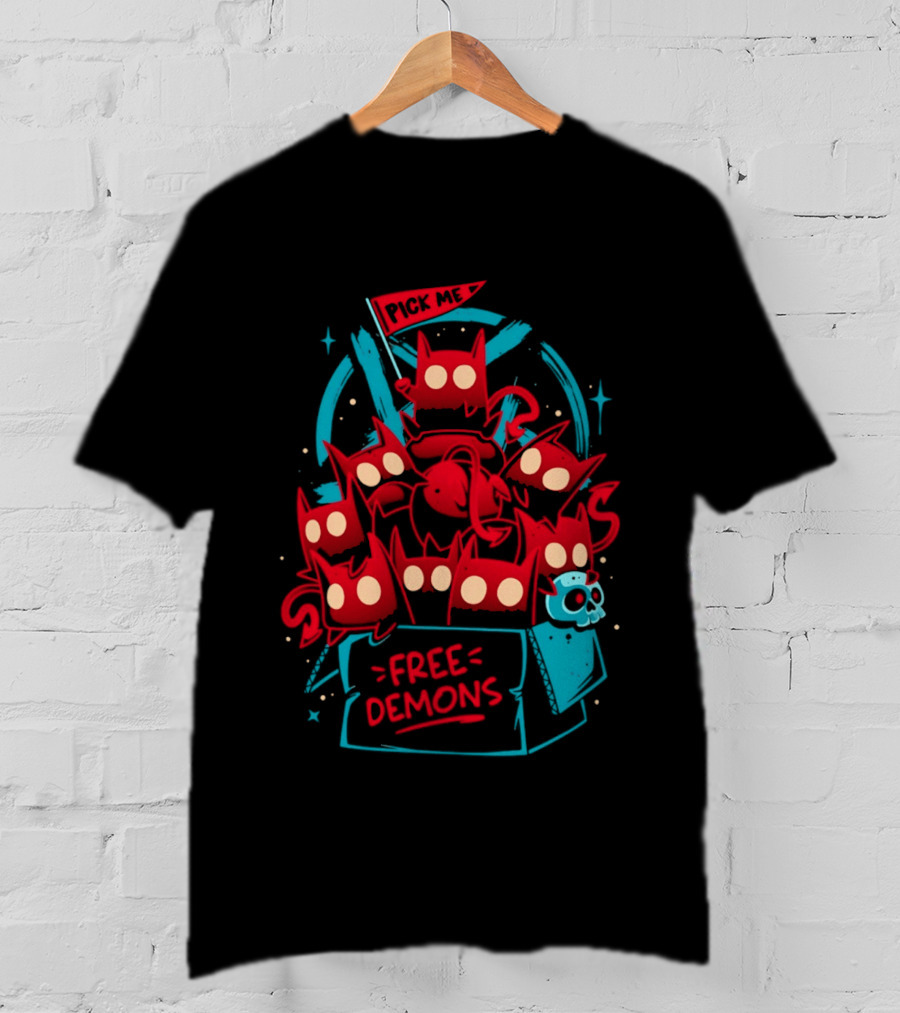 Free Demons Box Pick Me Red Monsters Cute Cartoon T-Shirt